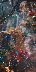 Poster - A gold wrapped gift is sitting on a Christmas tree. The tree is decorated with lights and ornaments, and the scene is set in a festive atmosphere