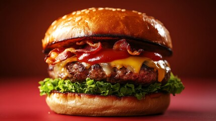 A cheeseburger with bacon and tomato on a red background.