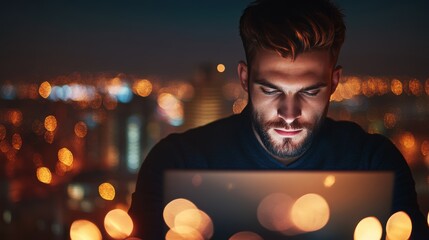 Wall Mural - A young entrepreneur working late at night in a modern office, focusing on a laptop and surrounded by data charts.