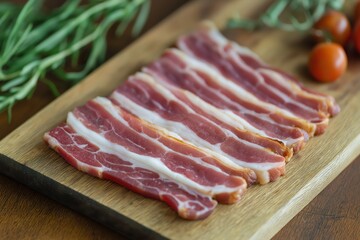 bacon, tomatoes and herbs on a cutting board