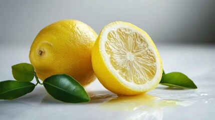 High-resolution image of two lemons one cut in half with fresh green leaves isolated on a white background. Perfect for food-related designs advertisements and product presentations.. Generative AI