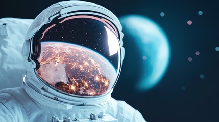 Wall Mural - a close up of an astronaut helmet reflecting a breathtaking view of earth, highlighting the human pe