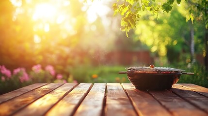 Canvas Print - summer time in backyard garden with barbecue grill, wooden table, blurred background.  