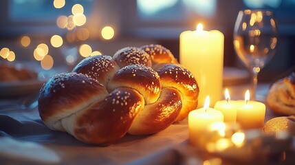 Wall Mural - Jewish happy family have a dinner with candles and challah bread on the table, blurry background. Traditional Jewish holiday concept.  