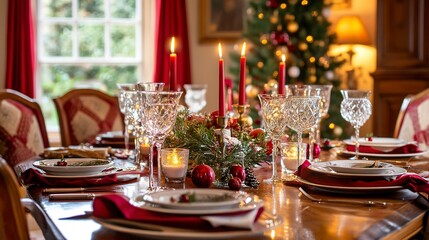 Canvas Print - Holiday celebration table decor, festive tablescape in dining room, candles and flowers decoration for formal family dinner in the English country house, countryside interior design  