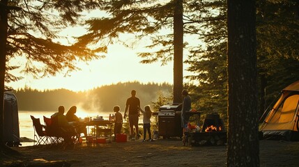 Canvas Print - A family gathered for a barbecue dinner at their campsite as the sun set.  