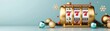 © Natalia - Golden slot machine with snowflake reels, surrounded by Christmas garlands and baubles, 3D illustration