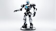 © darion - A futuristic white and blue robot figure stands on a reflective base, showcasing advanced design.