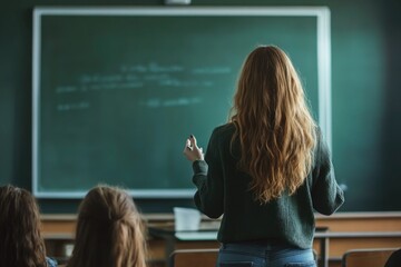 Poster - Woman educator teaching in a classroom setting, suitable for educational or instructional purposes