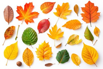 many different bright autumn leaves isolated on white - generative ai