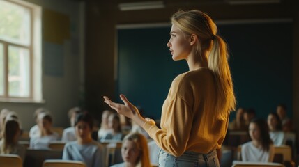 Poster - A woman teacher standing in front of a classroom filled with students, ready to teach