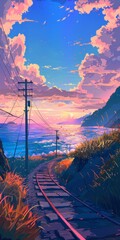 Wall Mural - A train track runs through a beautiful landscape with a sunset in the background