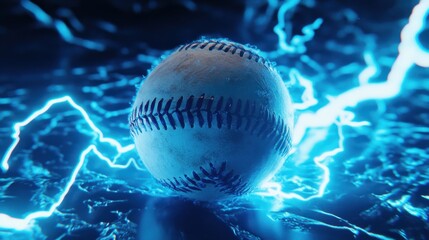 Wall Mural - A baseball wrapped in vivid blue lightning, showcasing the high energy and excitement of a competitive match.