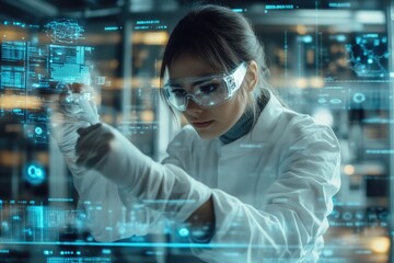 Poster - Woman in a lab coat and goggles tinkering with machinery