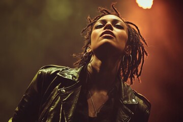 Poster - A woman with distinctive dreadlocks and a leather jacket, standing in a neutral background