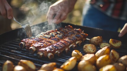 Wall Mural - People enjoying a delicious meal, grilled pork ribs with roasted potatoes while dining out  