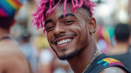 Poster - A person with bright pink hair smiling directly at the camera