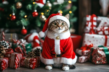 Wall Mural - A cat dressed as Santa Claus sitting next to a small Christmas tree with holiday decorations