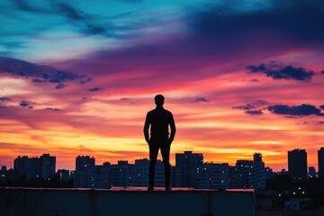 Canvas Print - A person stands on the rooftop, gazing out at the city skyline