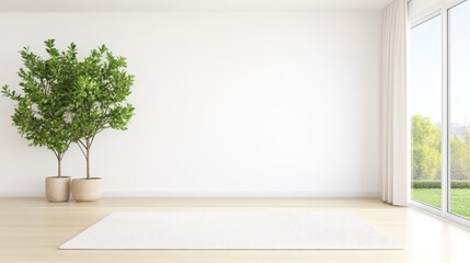 Poster - Bright and airy living room featuring a light-colored rug, soft fabric curtains, and potted plants in a modern home setting during daylight