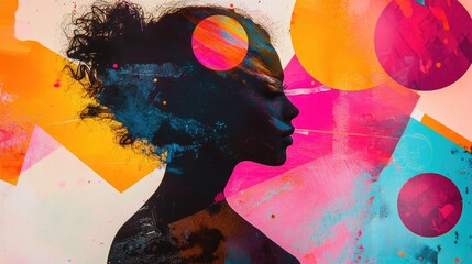 Wall Mural - A portrait of a woman's face set against a vibrant and colorful background