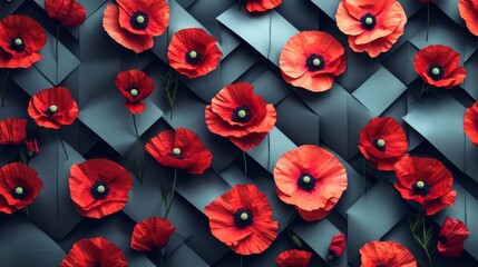 Poster - A wall of red flowers with a grey background