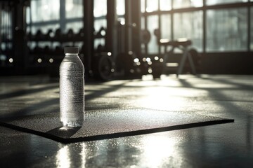 Poster - A clear glass bottle filled with water sits atop a wooden or metal table