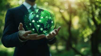 Businessman holding a glowing earth globe in his hands. Ecology concept.