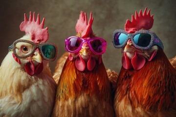 Canvas Print - A group of chickens wearing trendy sunglasses stand together, making for a fun and quirky image