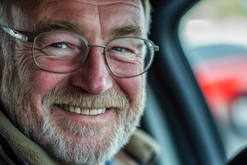 A person sitting in a vehicle, smiling, with eyeglasses and a hat on