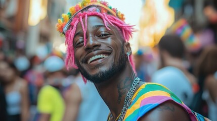 Poster - A man wearing pink hair and a brightly colored shirt, great for illustration or graphic design