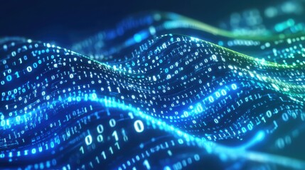 Wall Mural - abstract digital banner in blue and green tones with flowing tech light effects and binary code symb