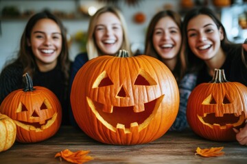 Poster - A group of women holding pumpkins with carved faces, great for Halloween or autumn themed projects