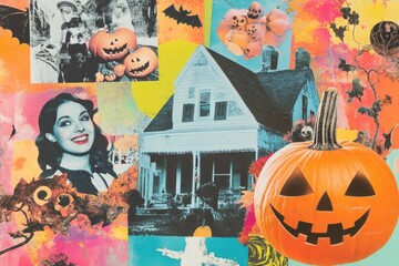 Wall Mural - A collection of Halloween-themed images featuring pumpkins and autumnal decorations