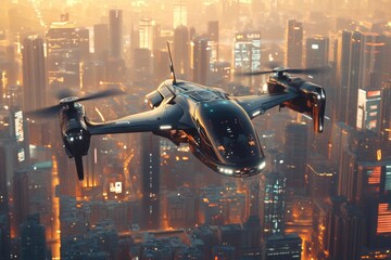 Poster - A helicopter flies over a city at night, highlighting the urban landscape