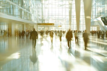 Poster - A group of people navigating through a spacious structure, possibly an office or shopping center