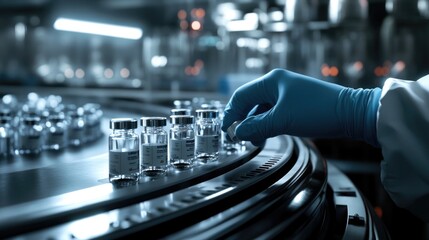 Wall Mural - A lab technician wearing a lab coat and blue gloves places vials on a conveyor belt