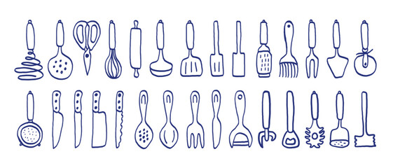 Wall Mural - Kitchenware sketch set. Doodle line vector kitchen utensils, tools and cutlery. Whisk, slotted spoon, scissors, rolling pin, ladle and spatula. Sieve, knife, spoon, fork, peeler and opener.