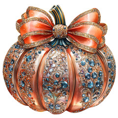 Wall Mural - Decorative pumpkin adorned with jewels and a bow, white isolated background.