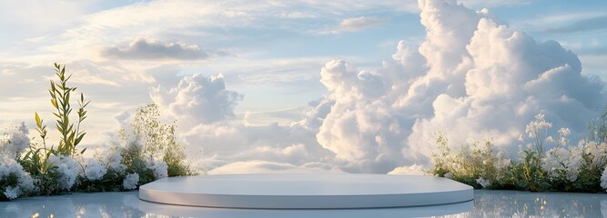 Wall Mural - 4. a tranquil outdoor scene featuring a sleek podium set against a backdrop of soft skies and billow