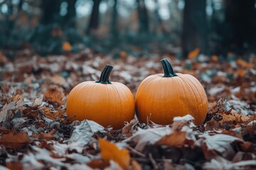 Sticker - Two pumpkins sit atop a pile of fallen leaves