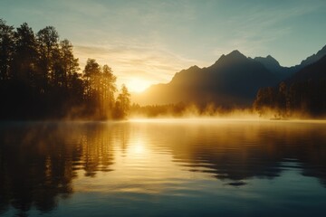 Sticker - A serene landscape of a lake surrounded by mountains at sunset