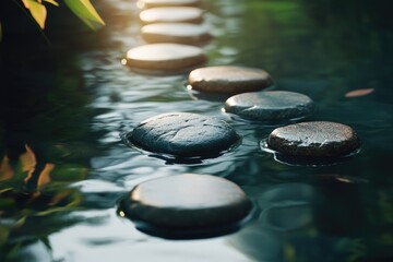 Canvas Print - A row of stepping stones across a body of water, great for use in travel or outdoor-themed designs