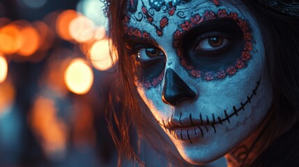 Wall Mural - A detailed view of someone's face with skull-inspired makeup, great for Halloween or horror-themed projects