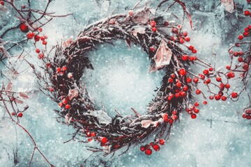 Canvas Print - A decorative wreath featuring red berries on a bright blue background