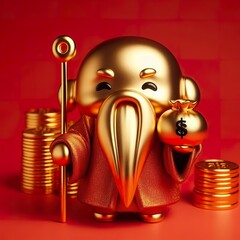 Wall Mural - a cute gold shinny metallic The old God of Wealth with a long beard character holding a gold stack red background