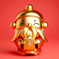 Wall Mural - a cute gold shinny metallic The old God of Wealth with a long beard character holding a gold stack red background