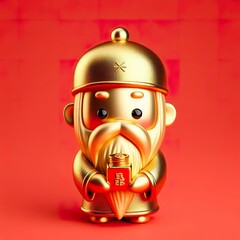 Wall Mural - a cute gold shinny metallic The old God of Wealth with a long beard character holding a gold stack red background