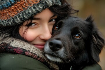 Wall Mural - A woman hugs a happy dog wearing a hat, a moment of affection and playfulness