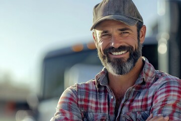 Portrait of a man with a beard, wearing a hat and a plaid shirt